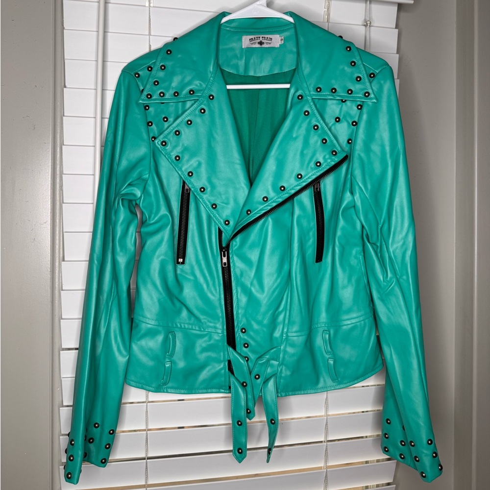 Studded Teal Faux Leather Jacket